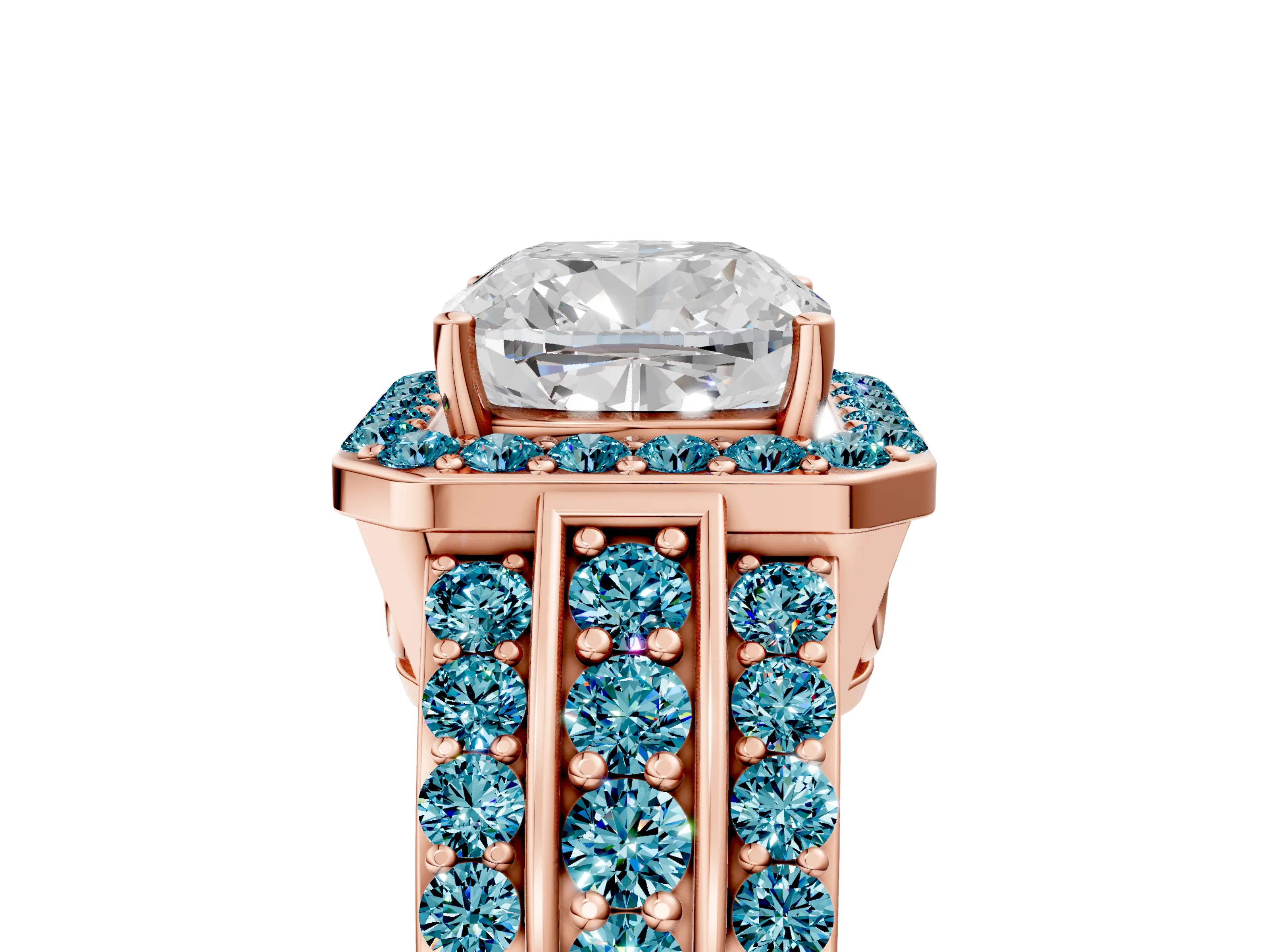 Rose gold Cushion Cut Halo Diamond Ring with Round with Blue Topaz side stone Split Shank and Prong Setting_5
