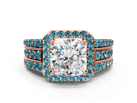 Rose gold Cushion Cut Halo Diamond Ring with Round with Blue Topaz side stone Split Shank and Prong Setting