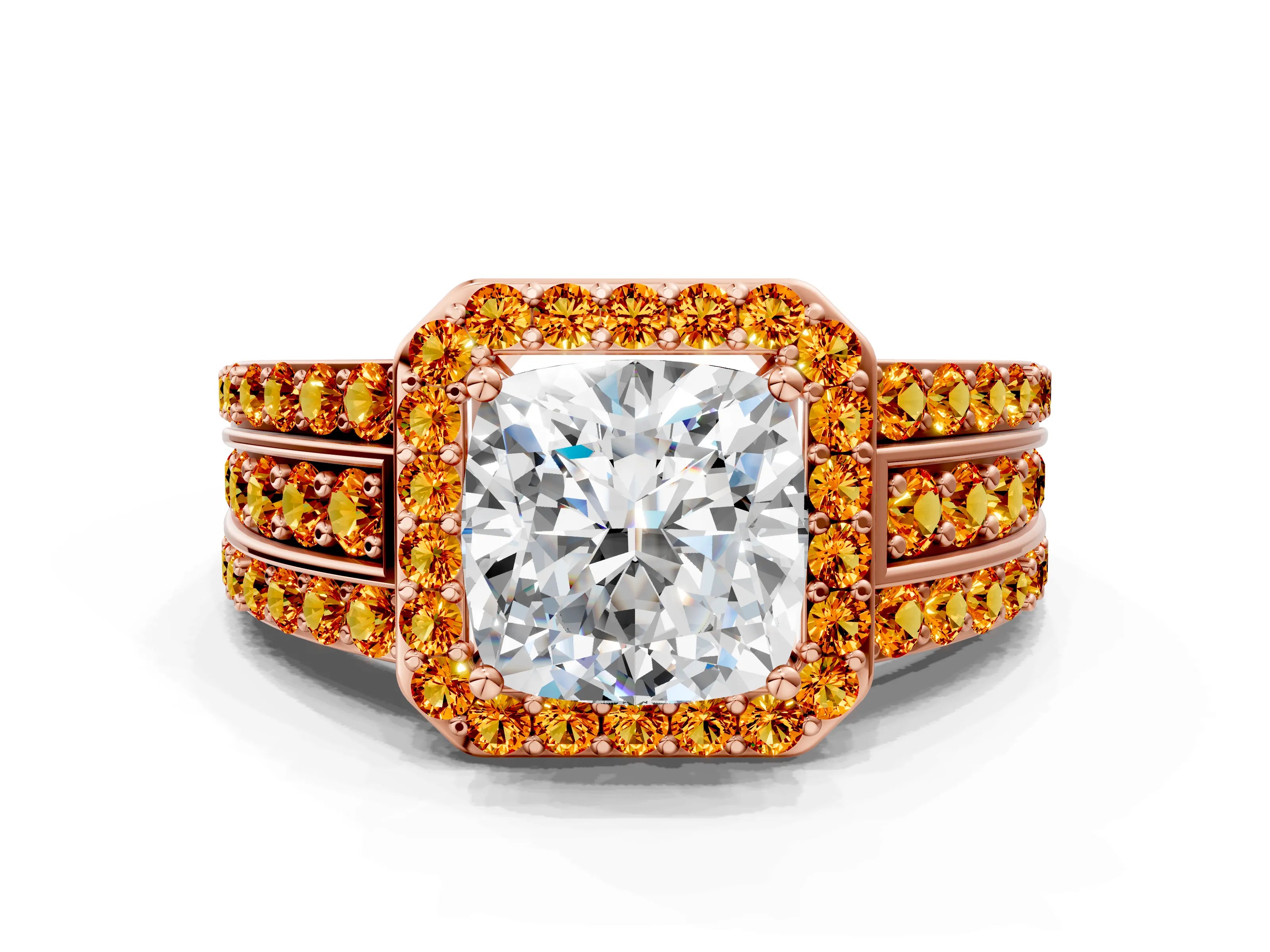 Rose gold Cushion Cut Halo Diamond Ring with Round with Citrine side stone Split Shank and Prong Setting