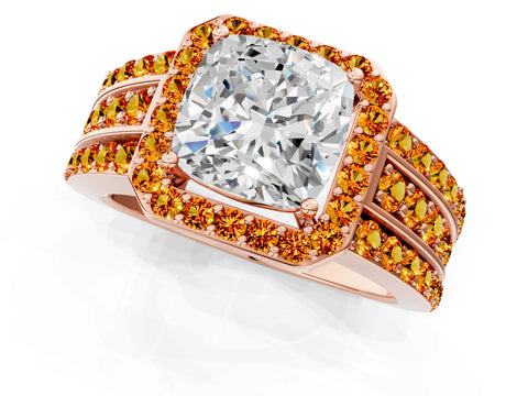 Rose gold Cushion Cut Halo Diamond Ring with Round with Citrine side stone Split Shank and Prong Setting_1