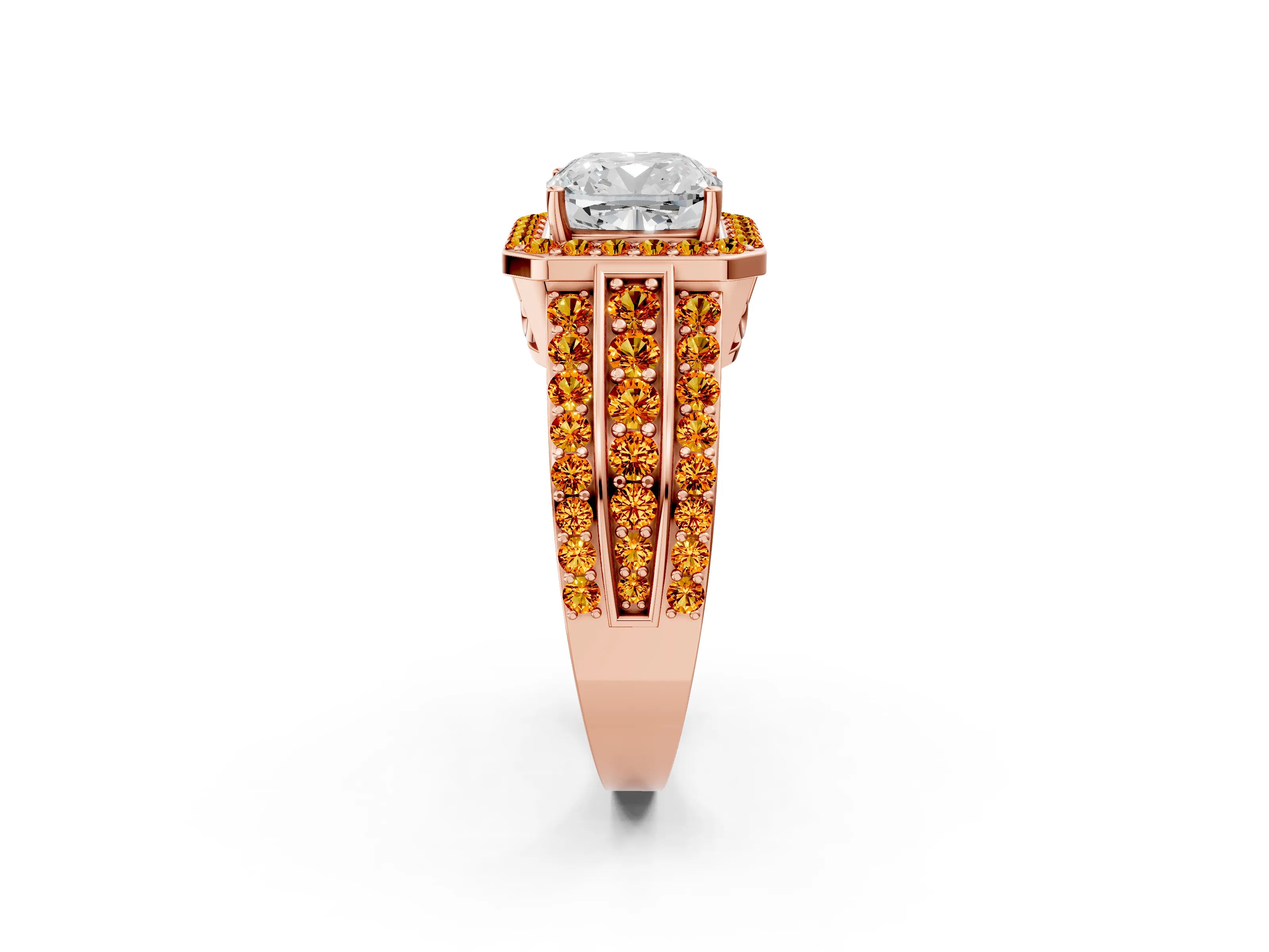 Rose gold Cushion Cut Halo Diamond Ring with Round with Citrine side stone Split Shank and Prong Setting_2