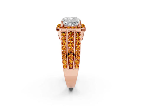 Rose gold Cushion Cut Halo Diamond Ring with Round with Citrine side stone Split Shank and Prong Setting_2