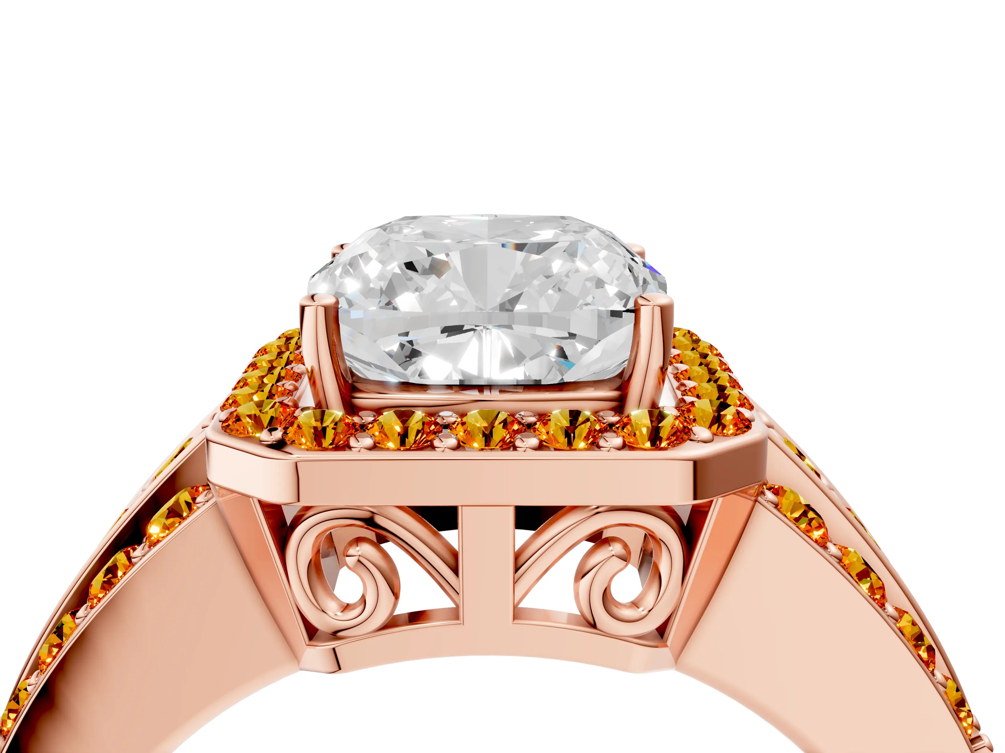 Rose gold Cushion Cut Halo Diamond Ring with Round with Citrine side stone Split Shank and Prong Setting_4