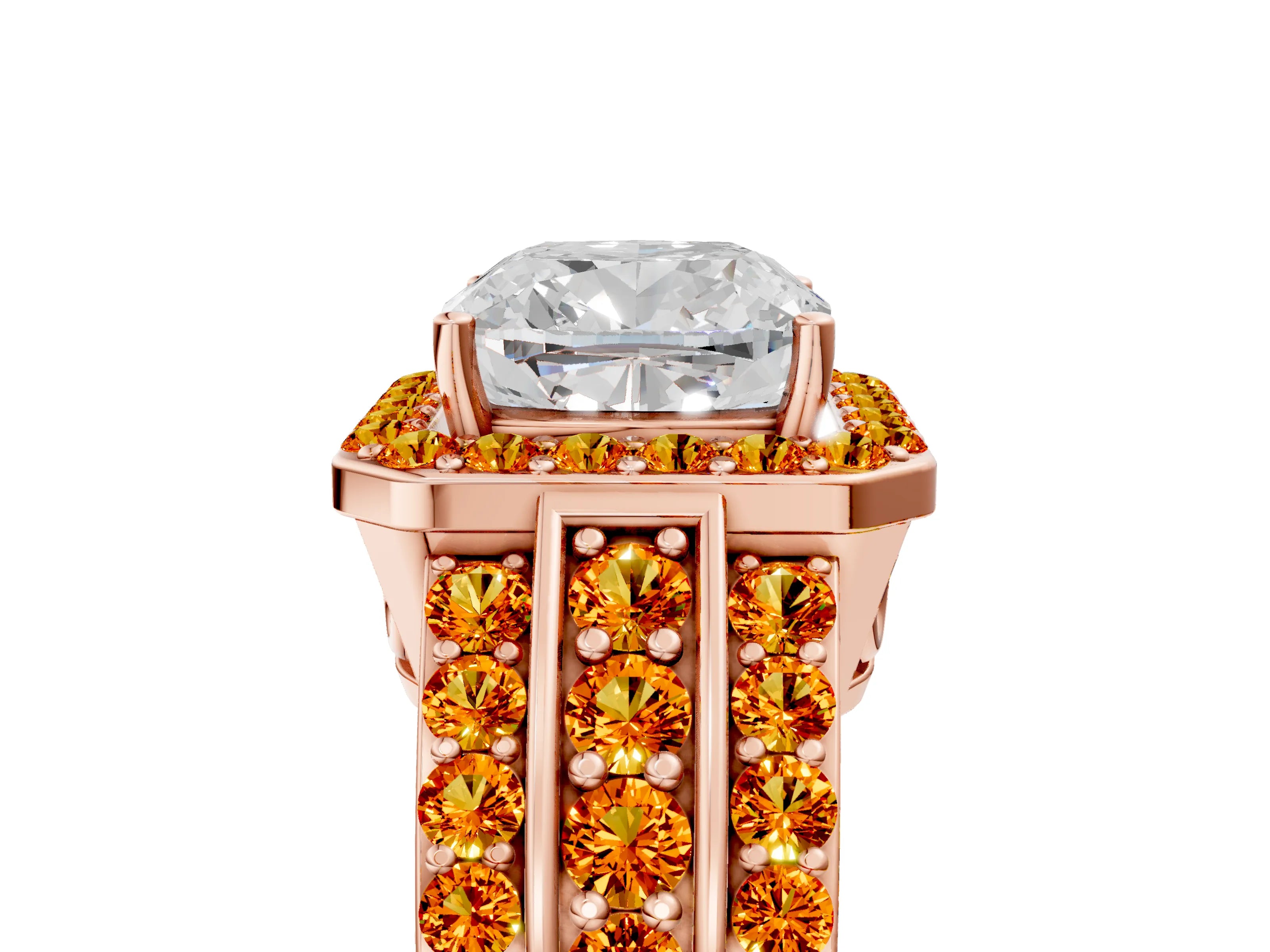 Rose gold Cushion Cut Halo Diamond Ring with Round with Citrine side stone Split Shank and Prong Setting_5