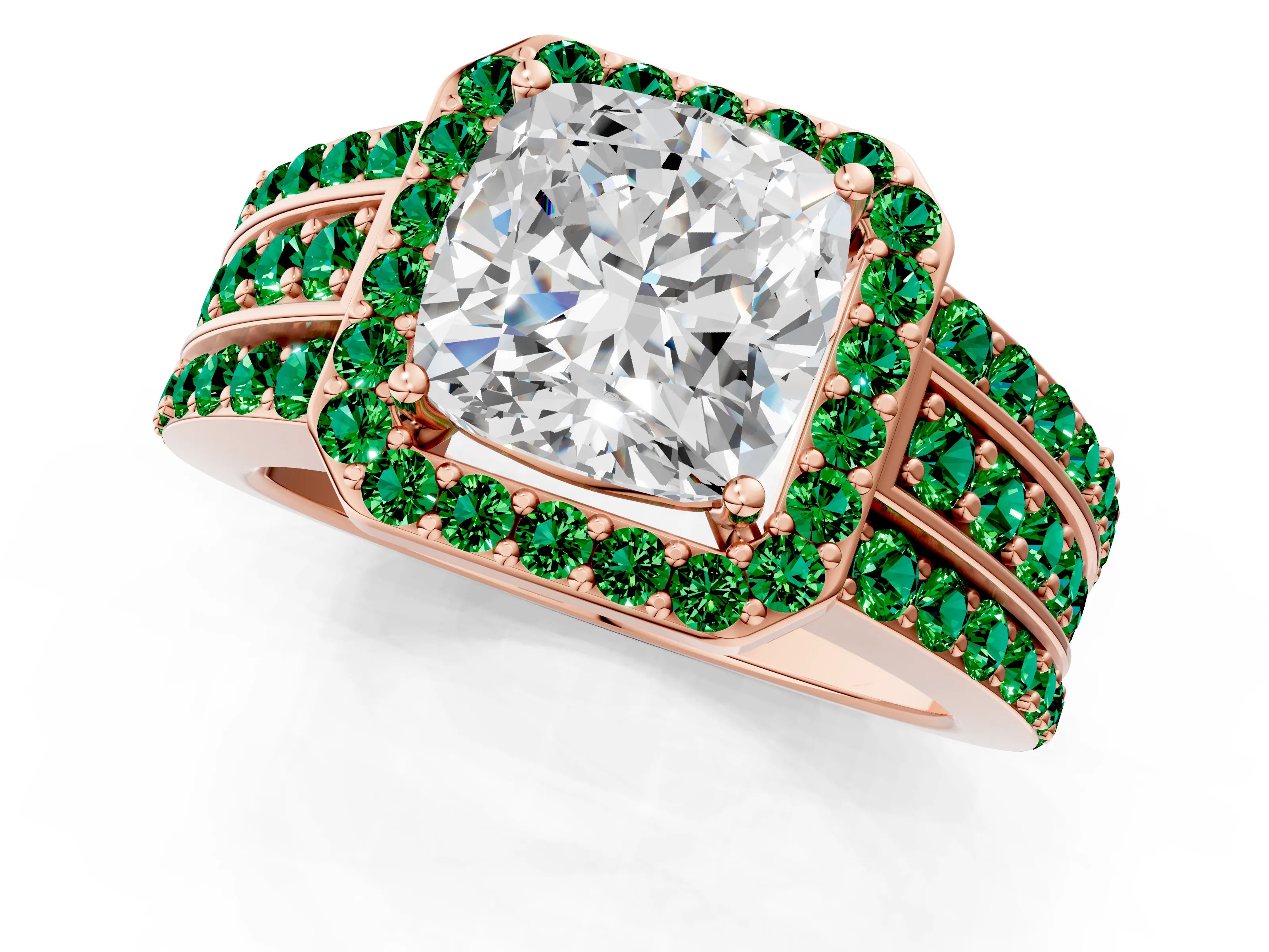 Rose gold Cushion Cut Halo Diamond Ring with Round with Emerald side stone Split Shank and Prong Setting_1
