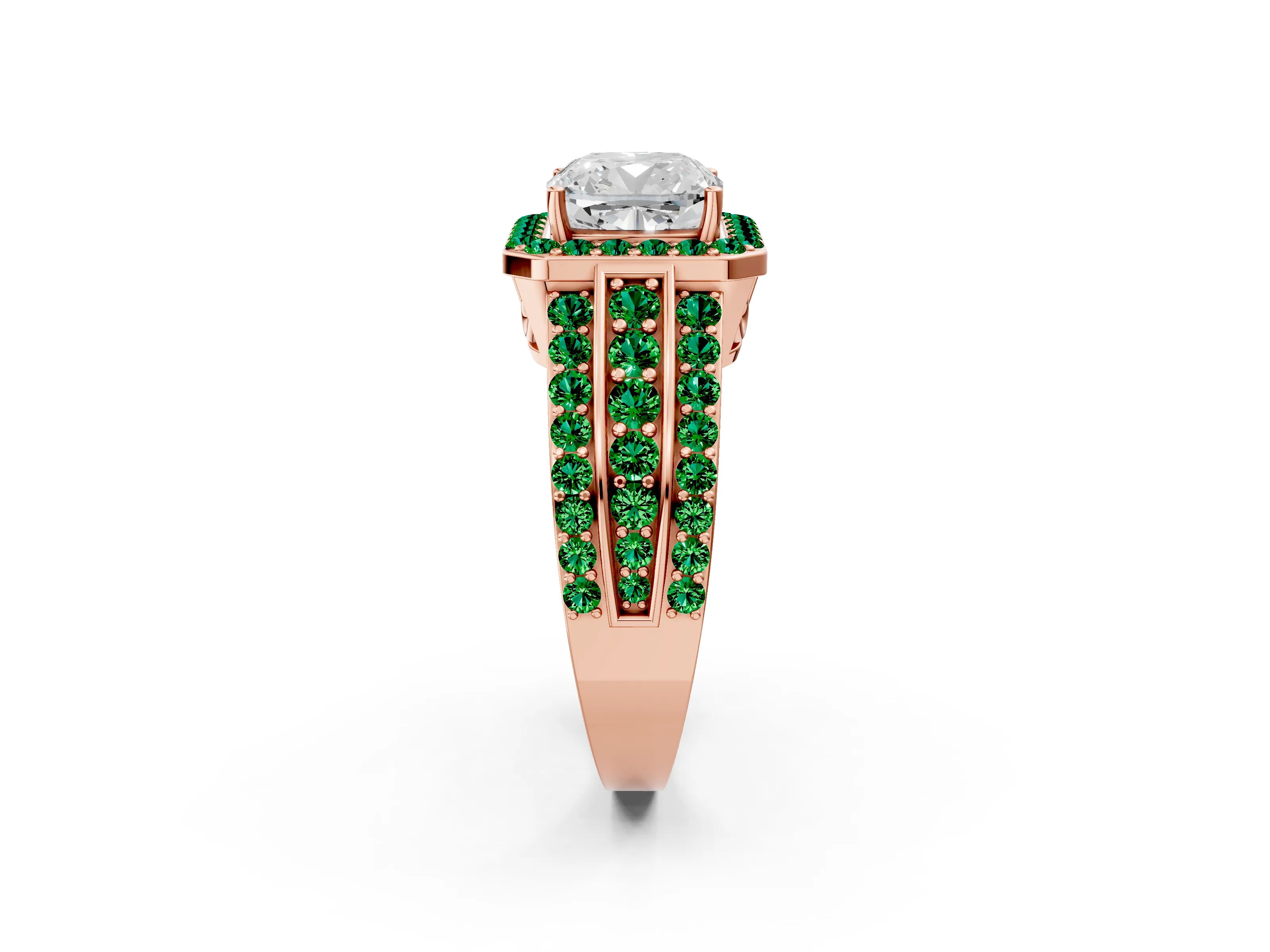 Rose gold Cushion Cut Halo Diamond Ring with Round with Emerald side stone Split Shank and Prong Setting_2