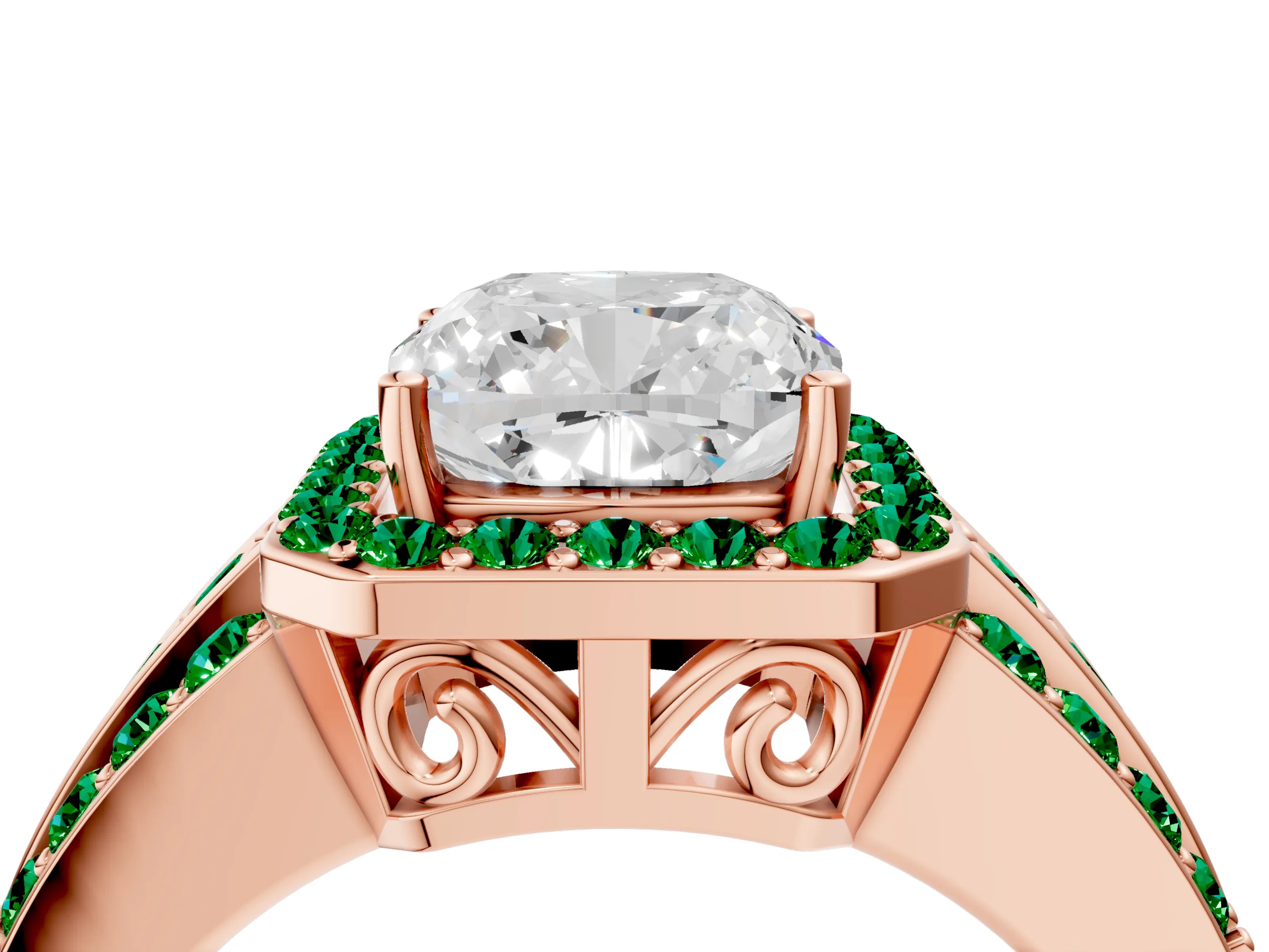 Rose gold Cushion Cut Halo Diamond Ring with Round with Emerald side stone Split Shank and Prong Setting_4