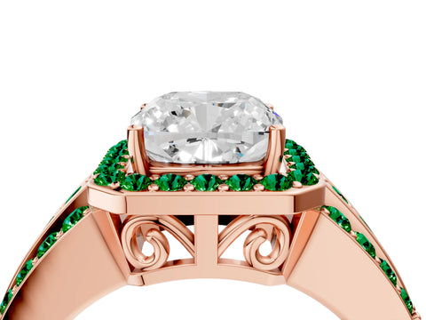 Rose gold Cushion Cut Halo Diamond Ring with Round with Emerald side stone Split Shank and Prong Setting_4