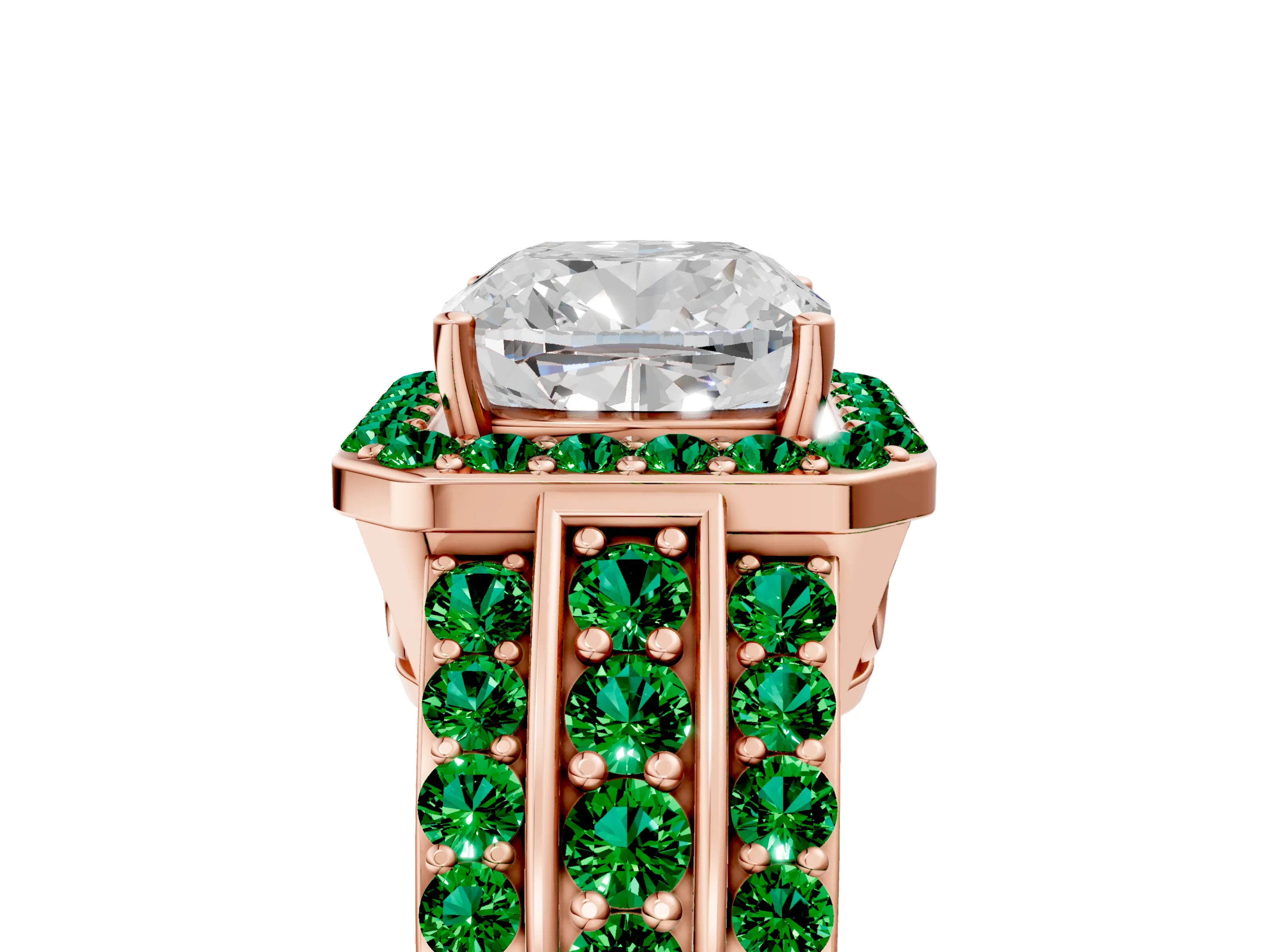 Rose gold Cushion Cut Halo Diamond Ring with Round with Emerald side stone Split Shank and Prong Setting_5