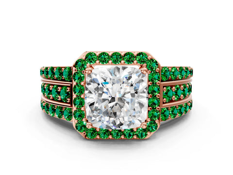 Rose gold Cushion Cut Halo Diamond Ring with Round with Emerald side stone Split Shank and Prong Setting