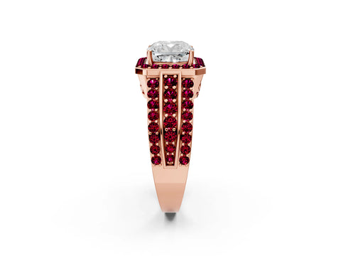 Rose gold Cushion Cut Halo Diamond Ring with Round with Garnet side stone Split Shank and Prong Setting_2