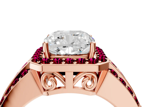 Rose gold Cushion Cut Halo Diamond Ring with Round with Garnet side stone Split Shank and Prong Setting_4