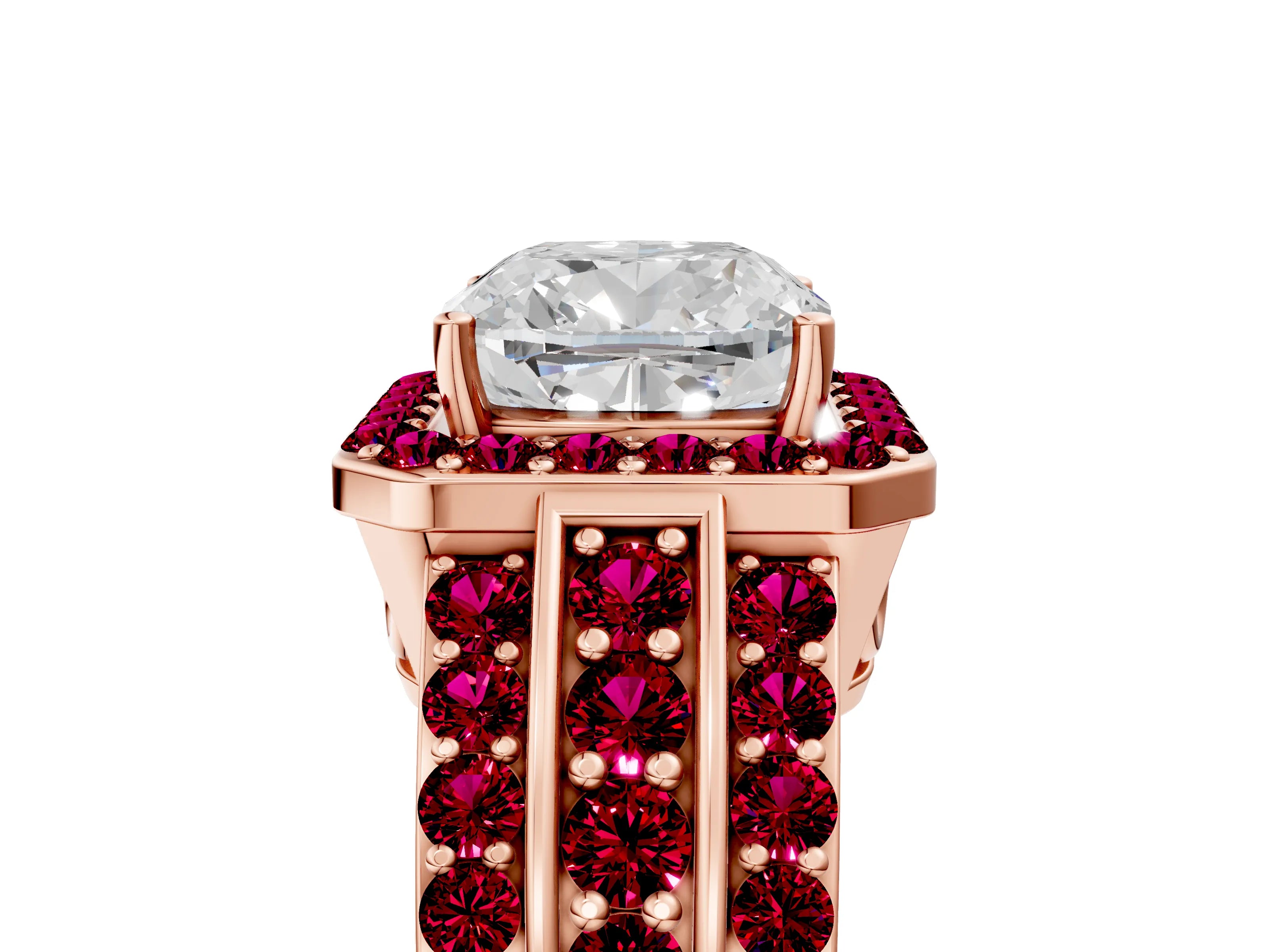 Rose gold Cushion Cut Halo Diamond Ring with Round with Garnet side stone Split Shank and Prong Setting_5