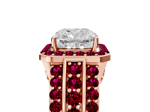Rose gold Cushion Cut Halo Diamond Ring with Round with Garnet side stone Split Shank and Prong Setting_5