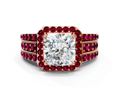 Rose gold Cushion Cut Halo Diamond Ring with Round with Garnet side stone Split Shank and Prong Setting