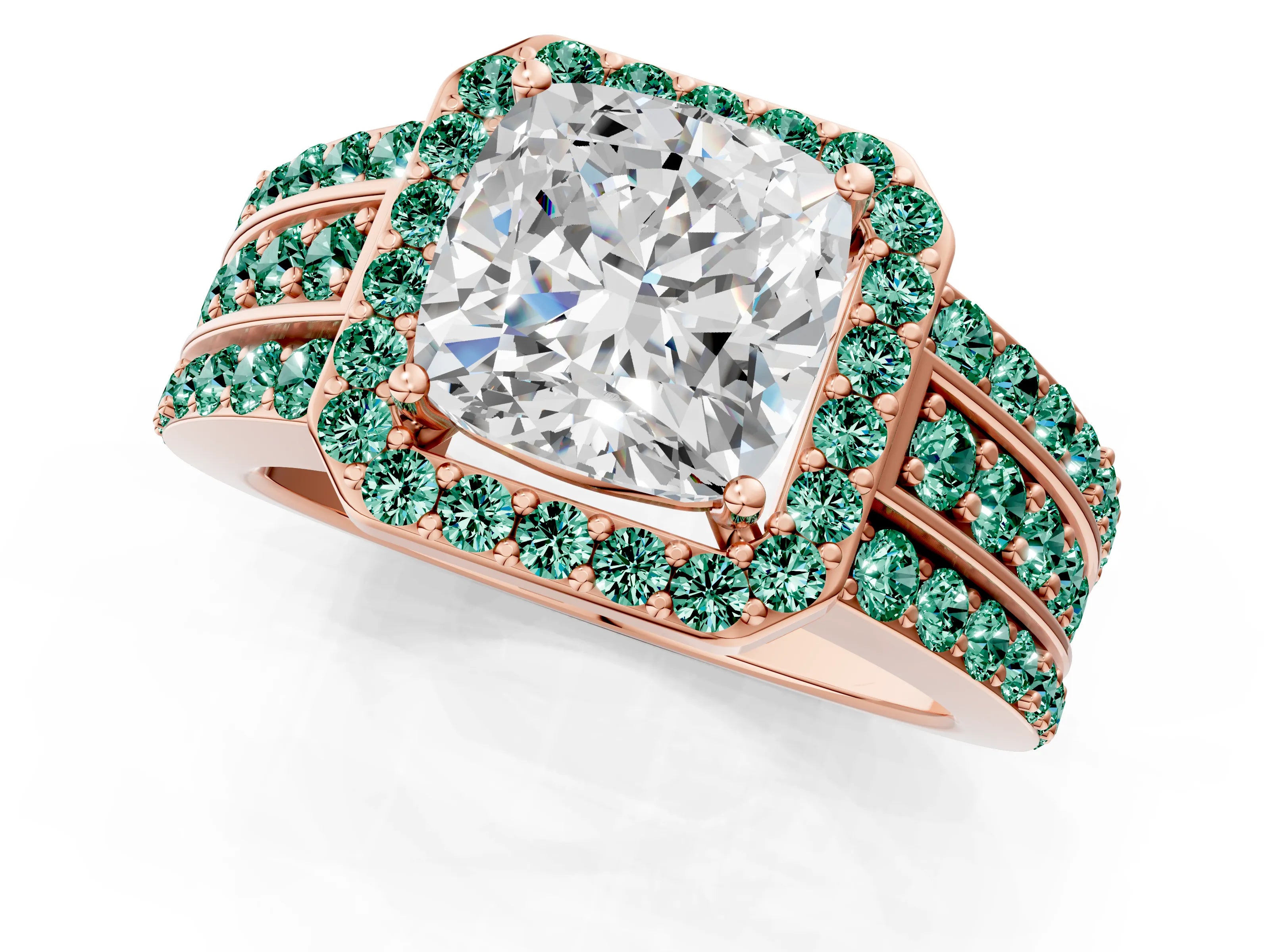 Rose gold Cushion Cut Halo Diamond Ring with Round with Green Sapphire side stone Split Shank and Prong Setting_1