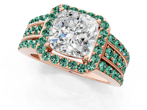 Rose gold Cushion Cut Halo Diamond Ring with Round with Green Sapphire side stone Split Shank and Prong Setting_1
