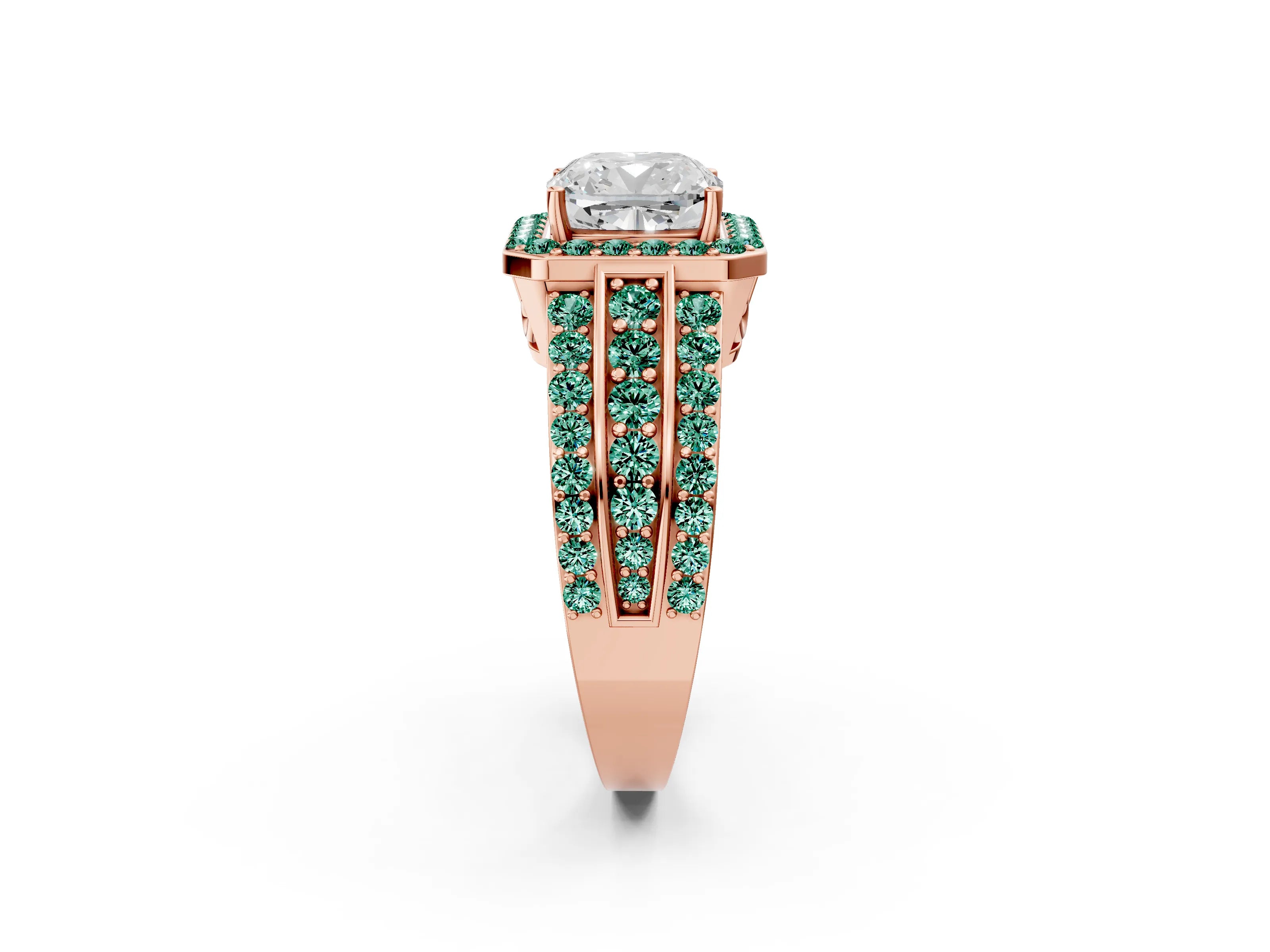 Rose gold Cushion Cut Halo Diamond Ring with Round with Green Sapphire side stone Split Shank and Prong Setting_2