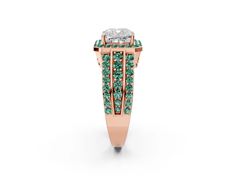 Rose gold Cushion Cut Halo Diamond Ring with Round with Green Sapphire side stone Split Shank and Prong Setting_2