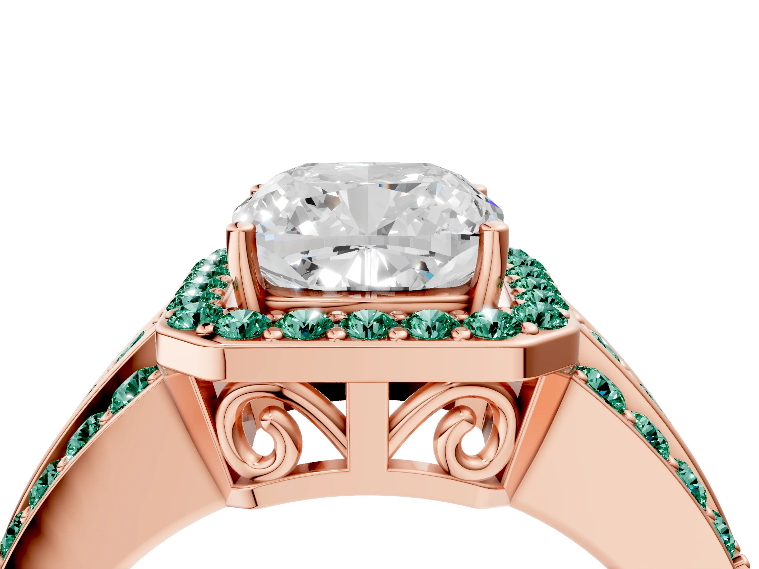 Rose gold Cushion Cut Halo Diamond Ring with Round with Green Sapphire side stone Split Shank and Prong Setting_4