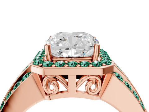 Rose gold Cushion Cut Halo Diamond Ring with Round with Green Sapphire side stone Split Shank and Prong Setting_4