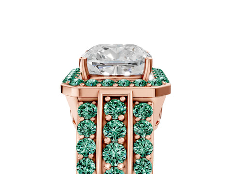 Rose gold Cushion Cut Halo Diamond Ring with Round with Green Sapphire side stone Split Shank and Prong Setting_5