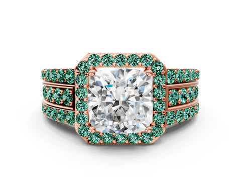 Rose gold Cushion Cut Halo Diamond Ring with Round with Green Sapphire side stone Split Shank and Prong Setting