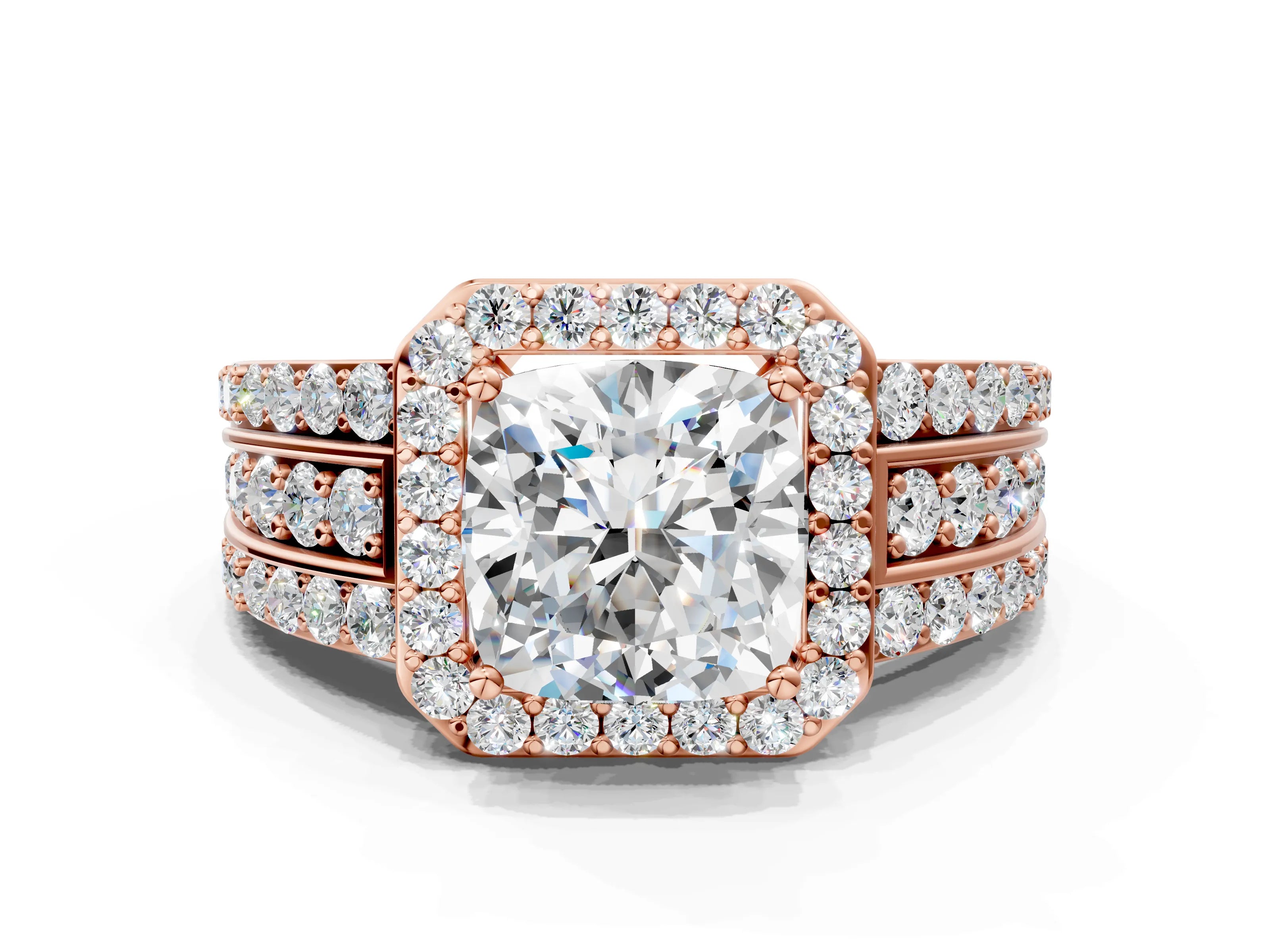 Rose gold Cushion Cut Halo Diamond Ring with Round with Moissanite side stone Split Shank and Prong Setting