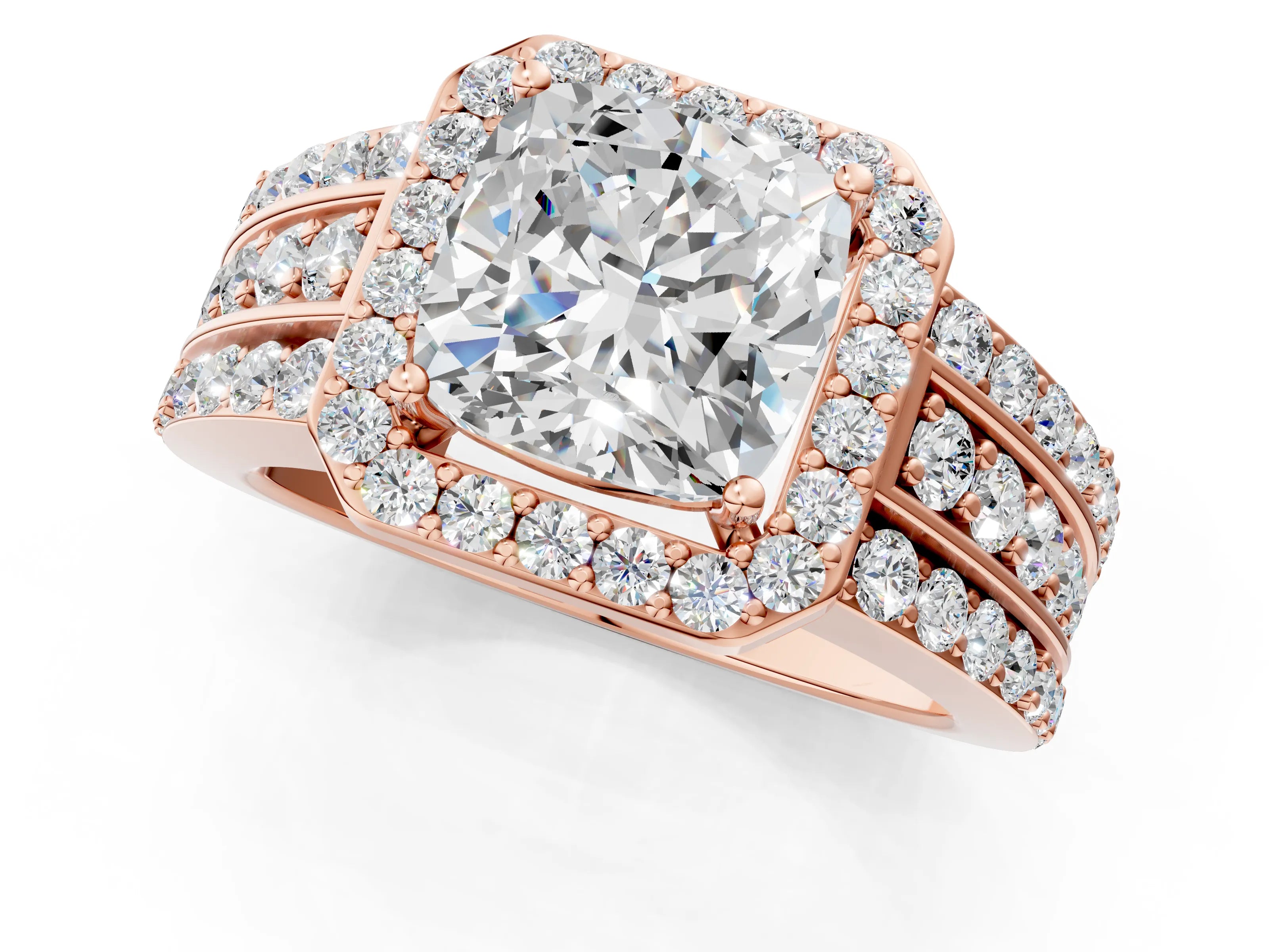 Rose gold Cushion Cut Halo Diamond Ring with Round with Moissanite side stone Split Shank and Prong Setting_1