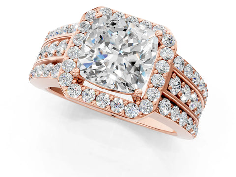 Rose gold Cushion Cut Halo Diamond Ring with Round with Moissanite side stone Split Shank and Prong Setting_1