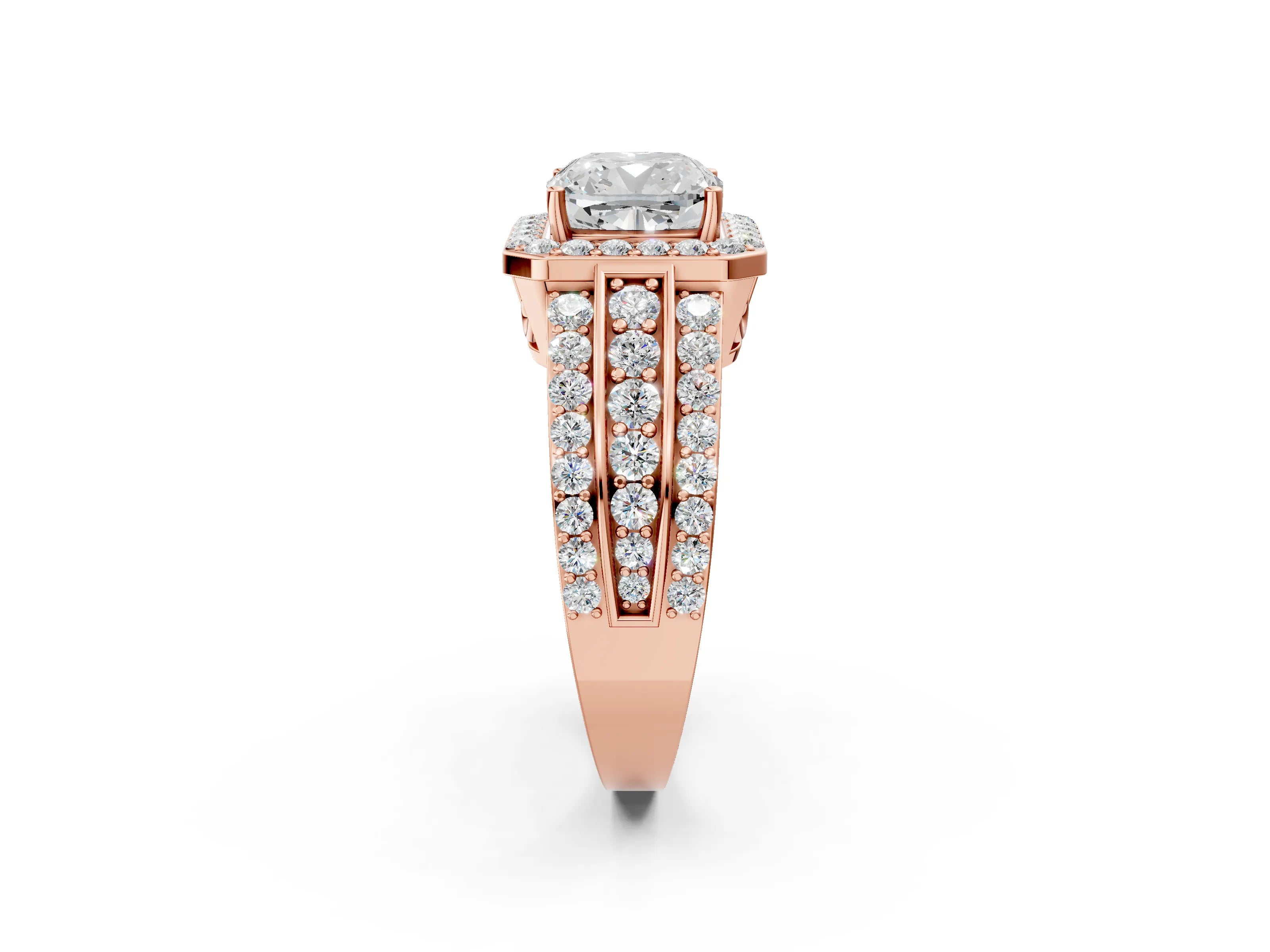 Rose gold Cushion Cut Halo Diamond Ring with Round with Moissanite side stone Split Shank and Prong Setting_2