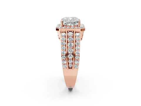 Rose gold Cushion Cut Halo Diamond Ring with Round with Moissanite side stone Split Shank and Prong Setting_2