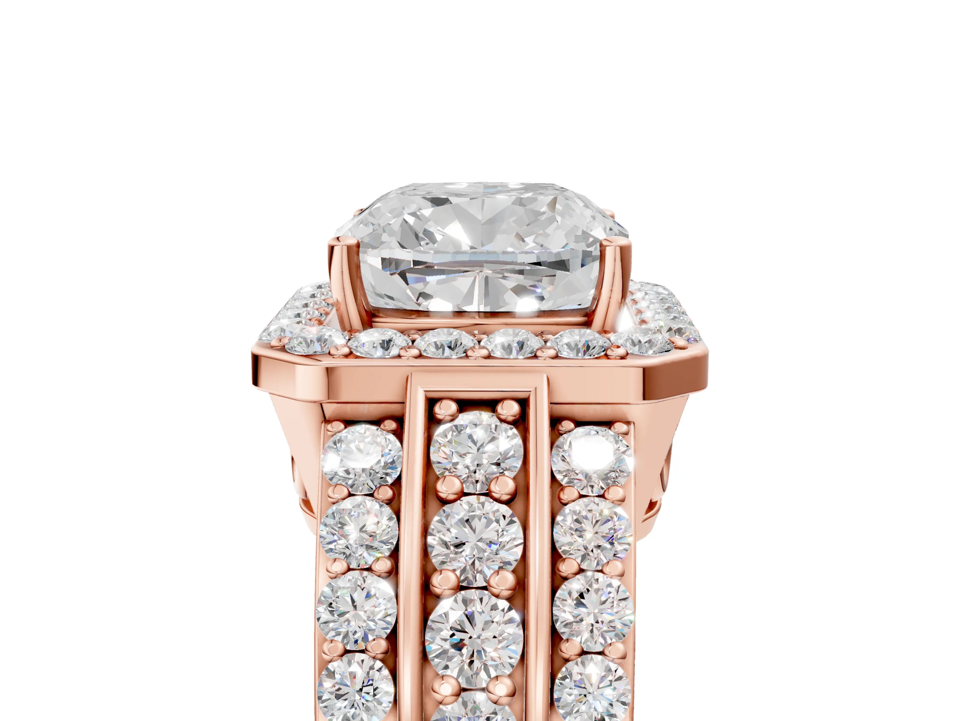 Rose gold Cushion Cut Halo Diamond Ring with Round with Moissanite side stone Split Shank and Prong Setting_5
