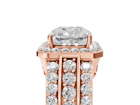 Rose gold Cushion Cut Halo Diamond Ring with Round with Moissanite side stone Split Shank and Prong Setting_5