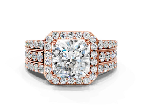 Rose gold Cushion Cut Halo Diamond Ring with Round with Moissanite side stone Split Shank and Prong Setting