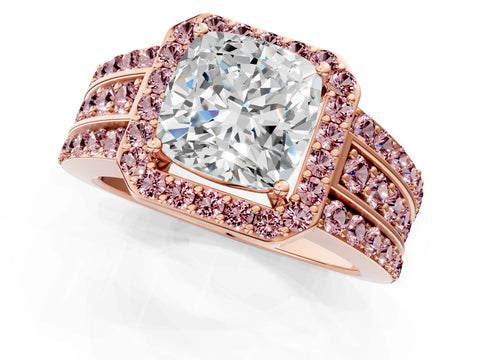 Rose gold Cushion Cut Halo Diamond Ring with Round with Morganite side stone Split Shank and Prong Setting_1