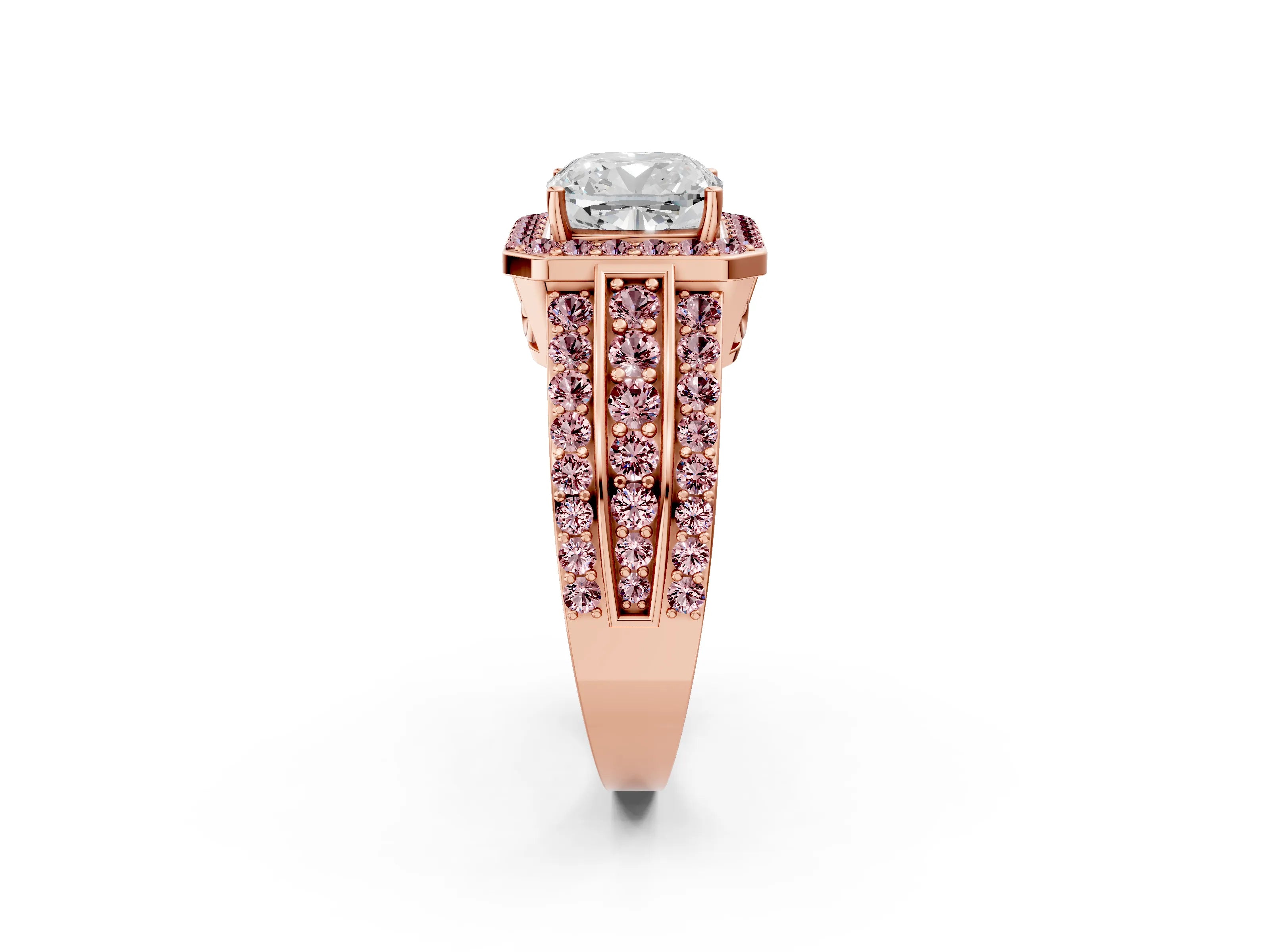Rose gold Cushion Cut Halo Diamond Ring with Round with Morganite side stone Split Shank and Prong Setting_2