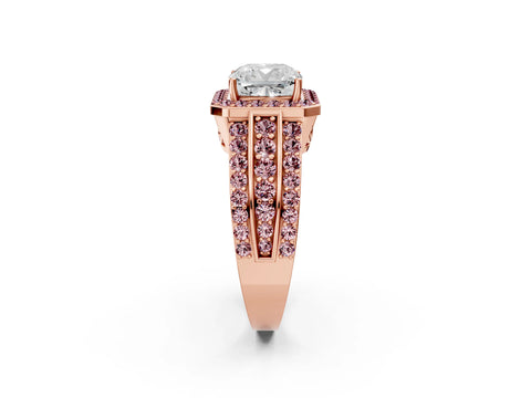 Rose gold Cushion Cut Halo Diamond Ring with Round with Morganite side stone Split Shank and Prong Setting_2