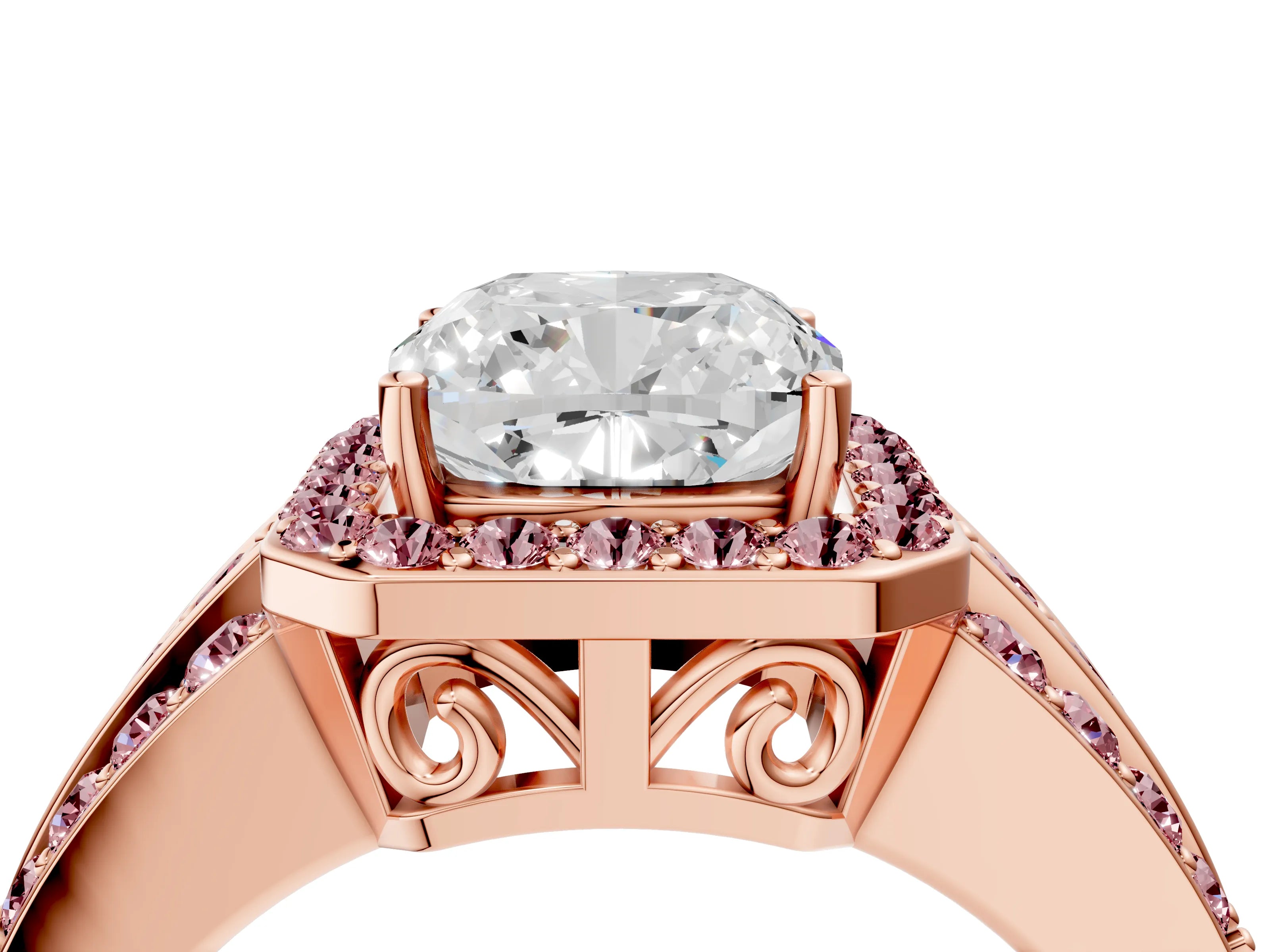 Rose gold Cushion Cut Halo Diamond Ring with Round with Morganite side stone Split Shank and Prong Setting_4