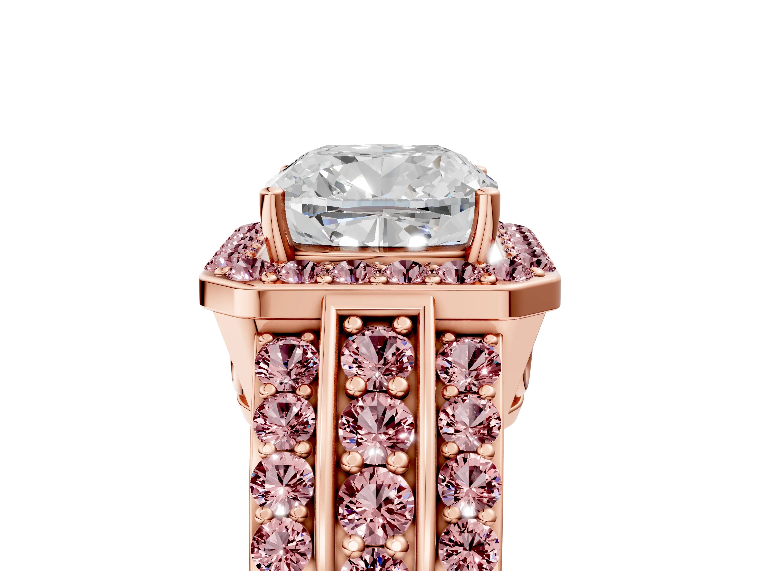 Rose gold Cushion Cut Halo Diamond Ring with Round with Morganite side stone Split Shank and Prong Setting_5