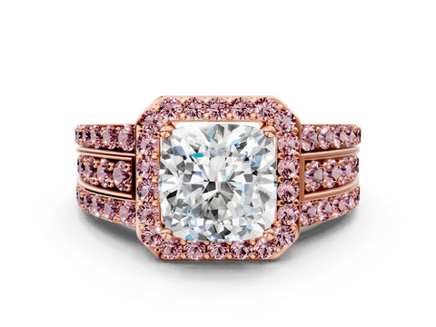 Rose gold Cushion Cut Halo Diamond Ring with Round with Morganite side stone Split Shank and Prong Setting