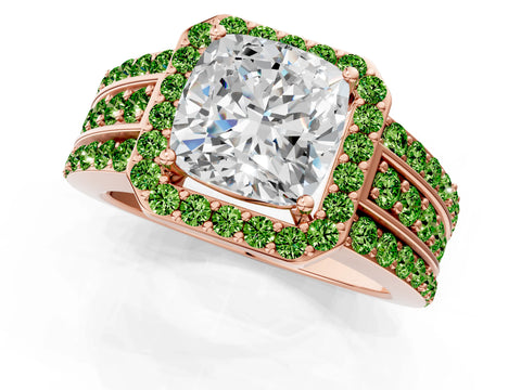Rose gold Cushion Cut Halo Diamond Ring with Round with Peridot side stone Split Shank and Prong Setting_1