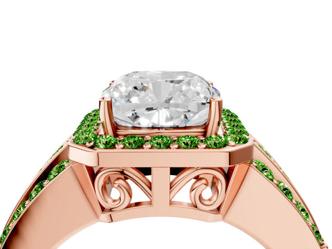 Rose gold Cushion Cut Halo Diamond Ring with Round with Peridot side stone Split Shank and Prong Setting_4