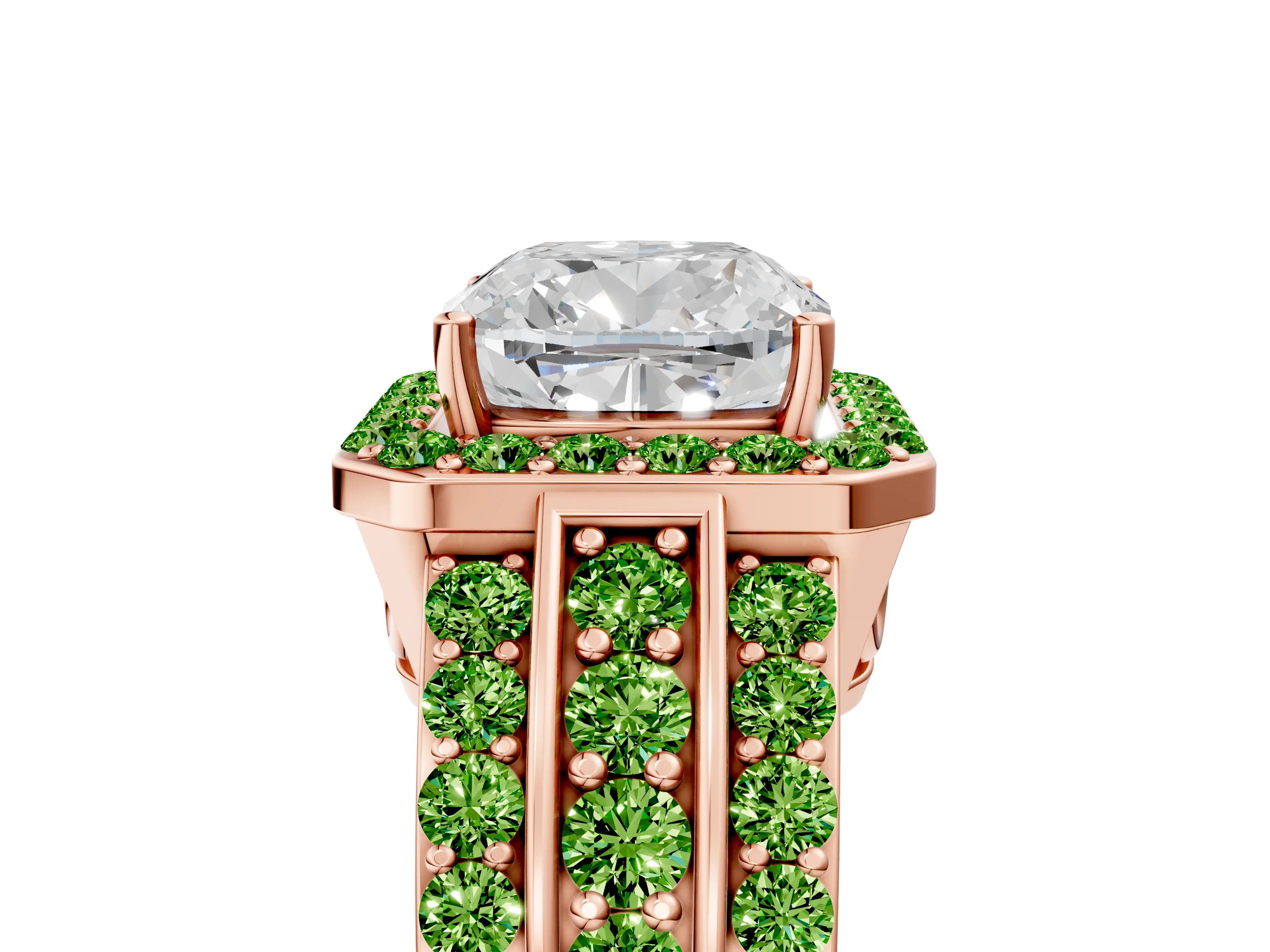 Rose gold Cushion Cut Halo Diamond Ring with Round with Peridot side stone Split Shank and Prong Setting_5