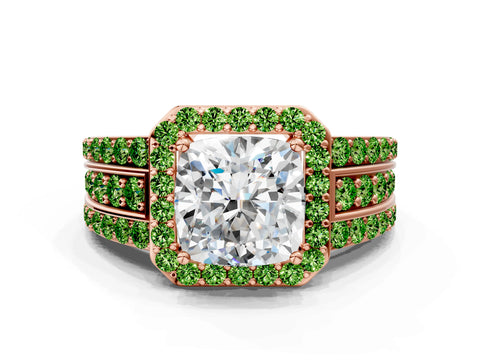 Rose gold Cushion Cut Halo Diamond Ring with Round with Peridot side stone Split Shank and Prong Setting