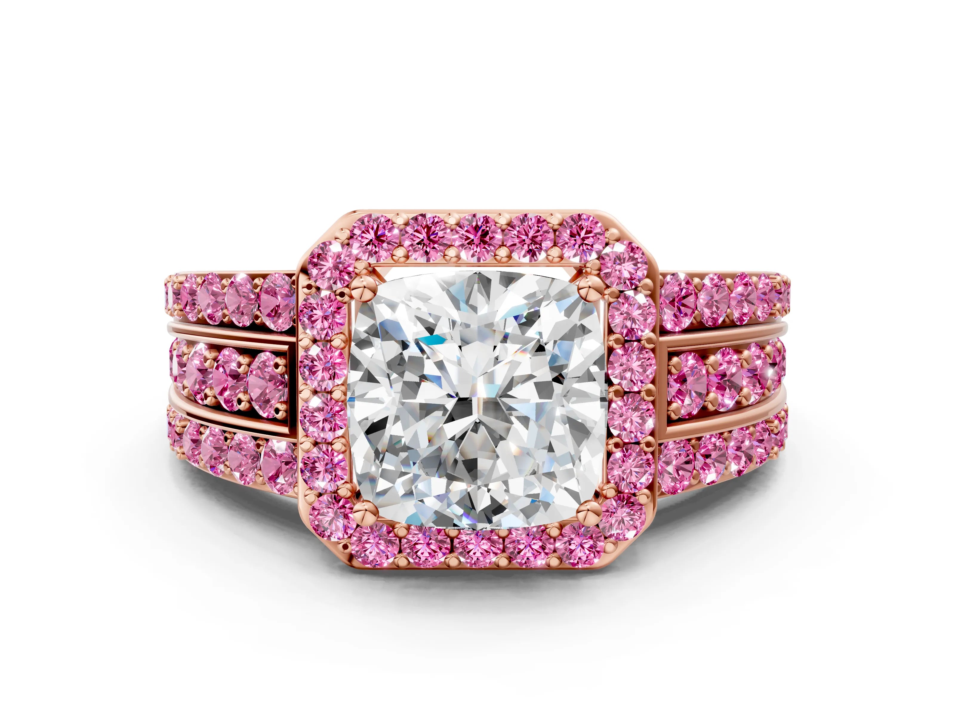 Rose gold Cushion Cut Halo Diamond Ring with Round with Pink Sapphire side stone Split Shank and Prong Setting