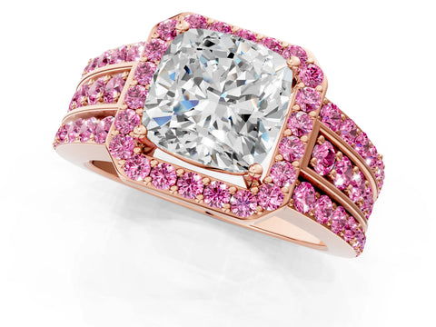 Rose gold Cushion Cut Halo Diamond Ring with Round with Pink Sapphire side stone Split Shank and Prong Setting_1
