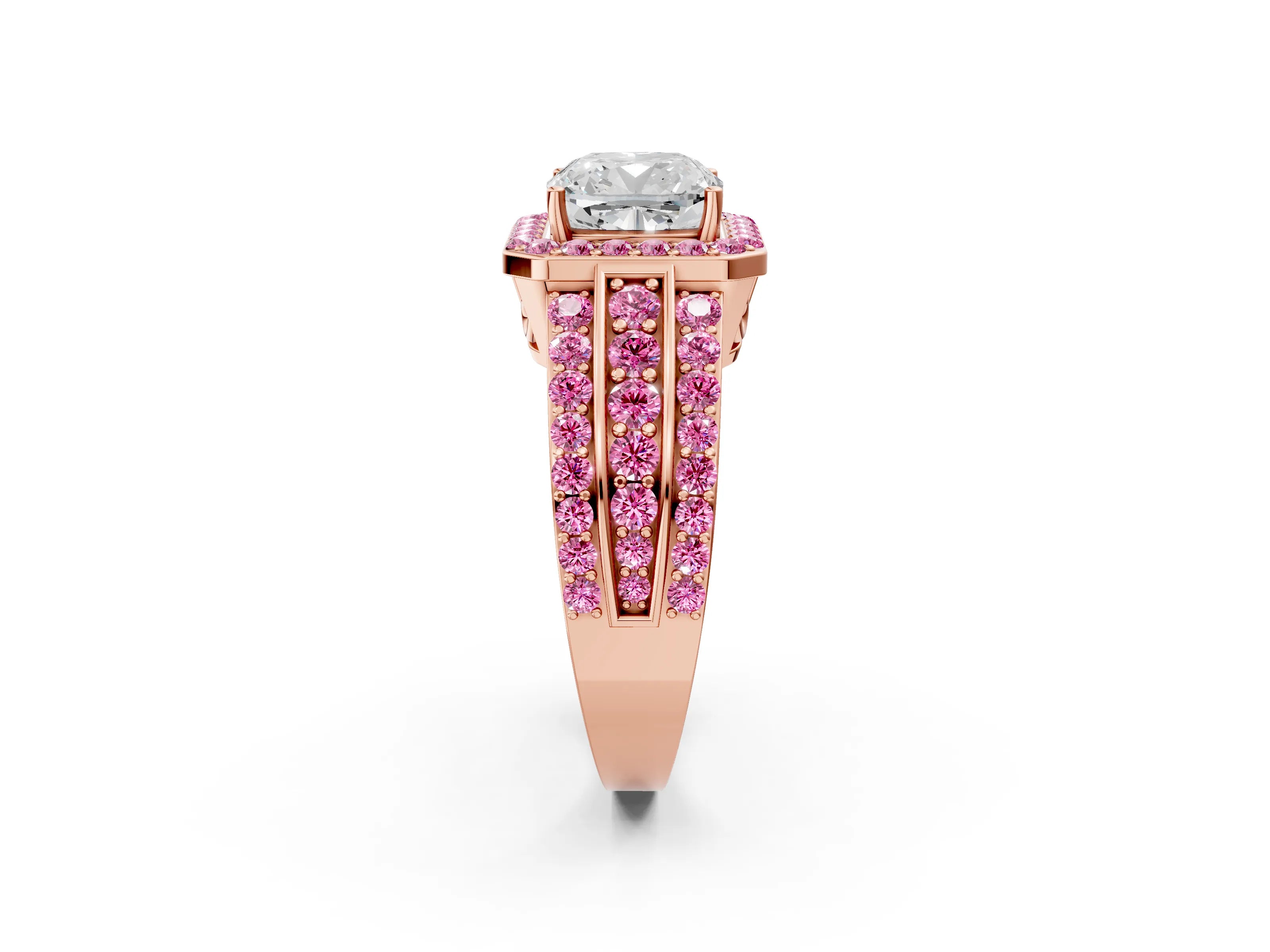 Rose gold Cushion Cut Halo Diamond Ring with Round with Pink Sapphire side stone Split Shank and Prong Setting_2