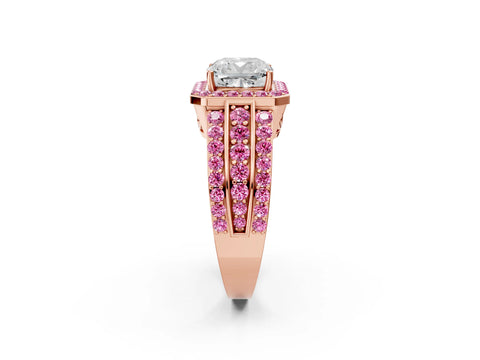Rose gold Cushion Cut Halo Diamond Ring with Round with Pink Sapphire side stone Split Shank and Prong Setting_2