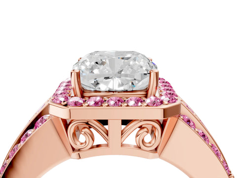 Rose gold Cushion Cut Halo Diamond Ring with Round with Pink Sapphire side stone Split Shank and Prong Setting_4